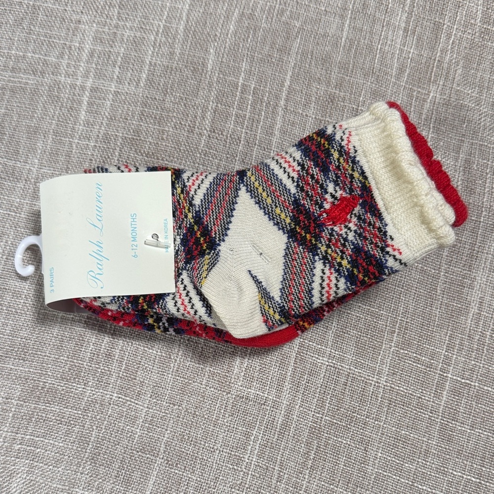 Ralph Lauren Baby 3 Pair Socks 6-12 Months Red Cream Navy Plaid NWT